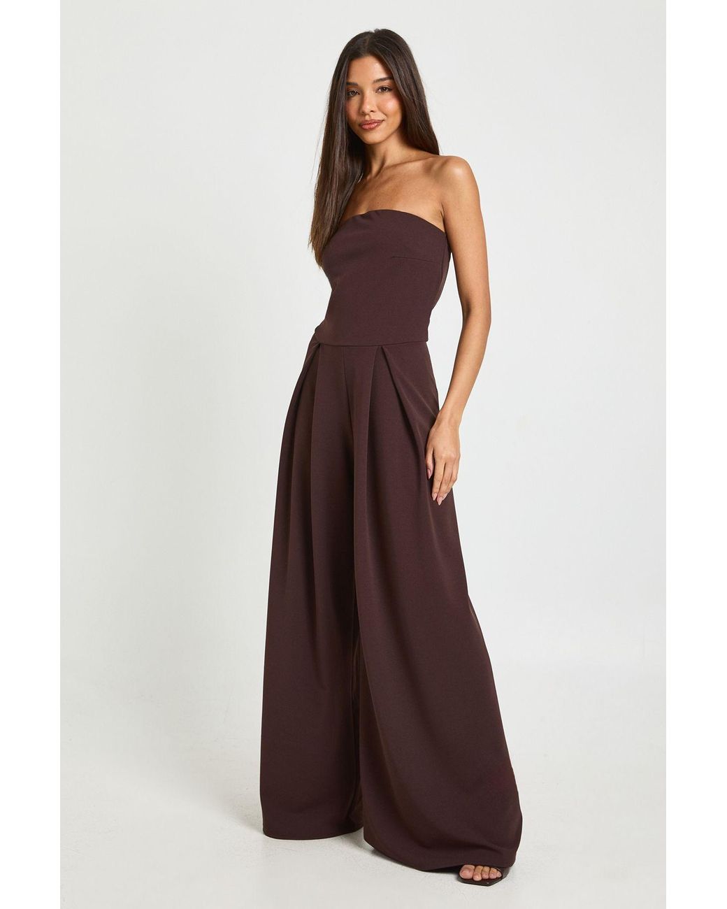 Boohoo Brown Crepe Bandeau Extreme Wide Leg Jumpsuit