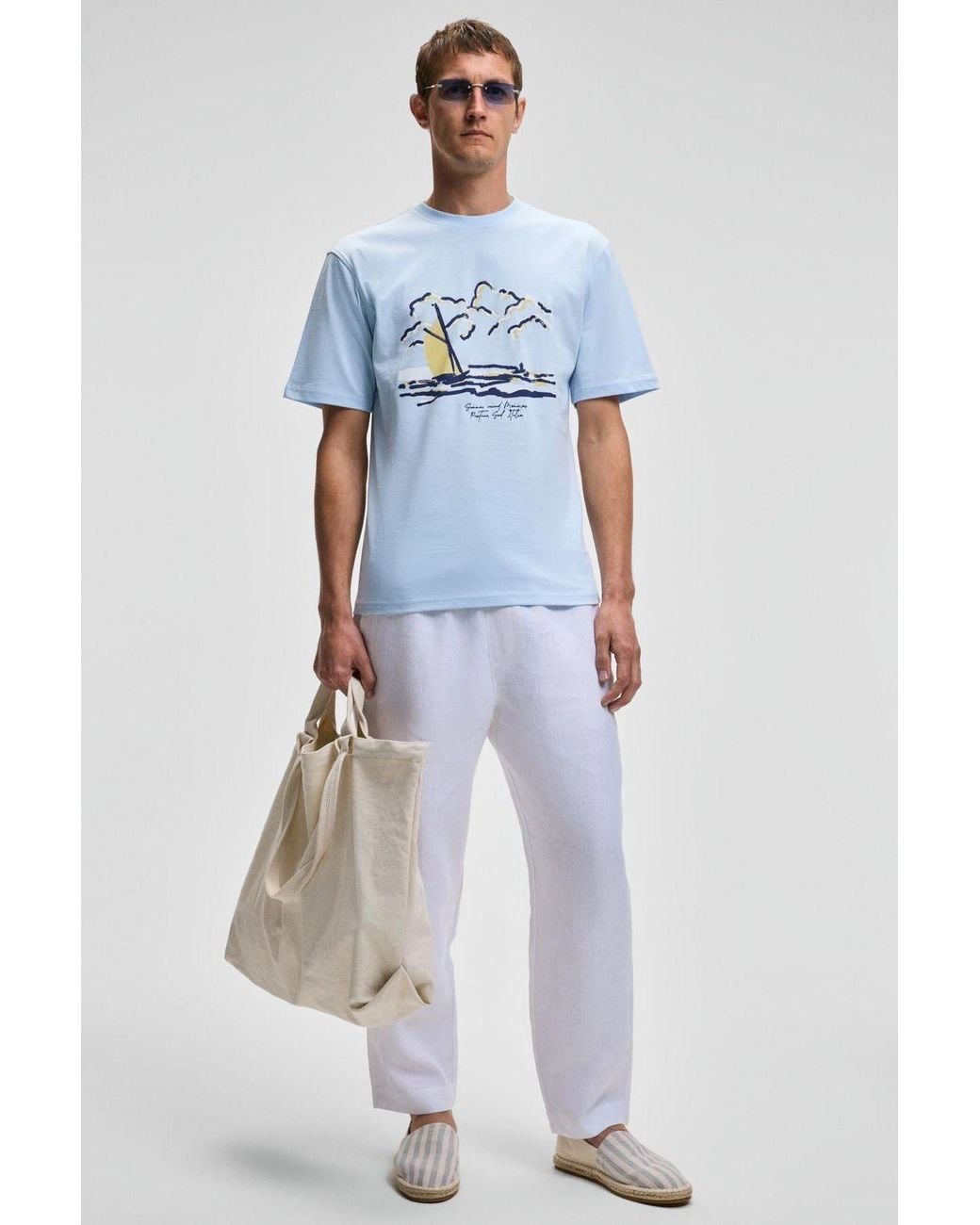Grimelange Blue Printed Crew Neck T-Shirt for men