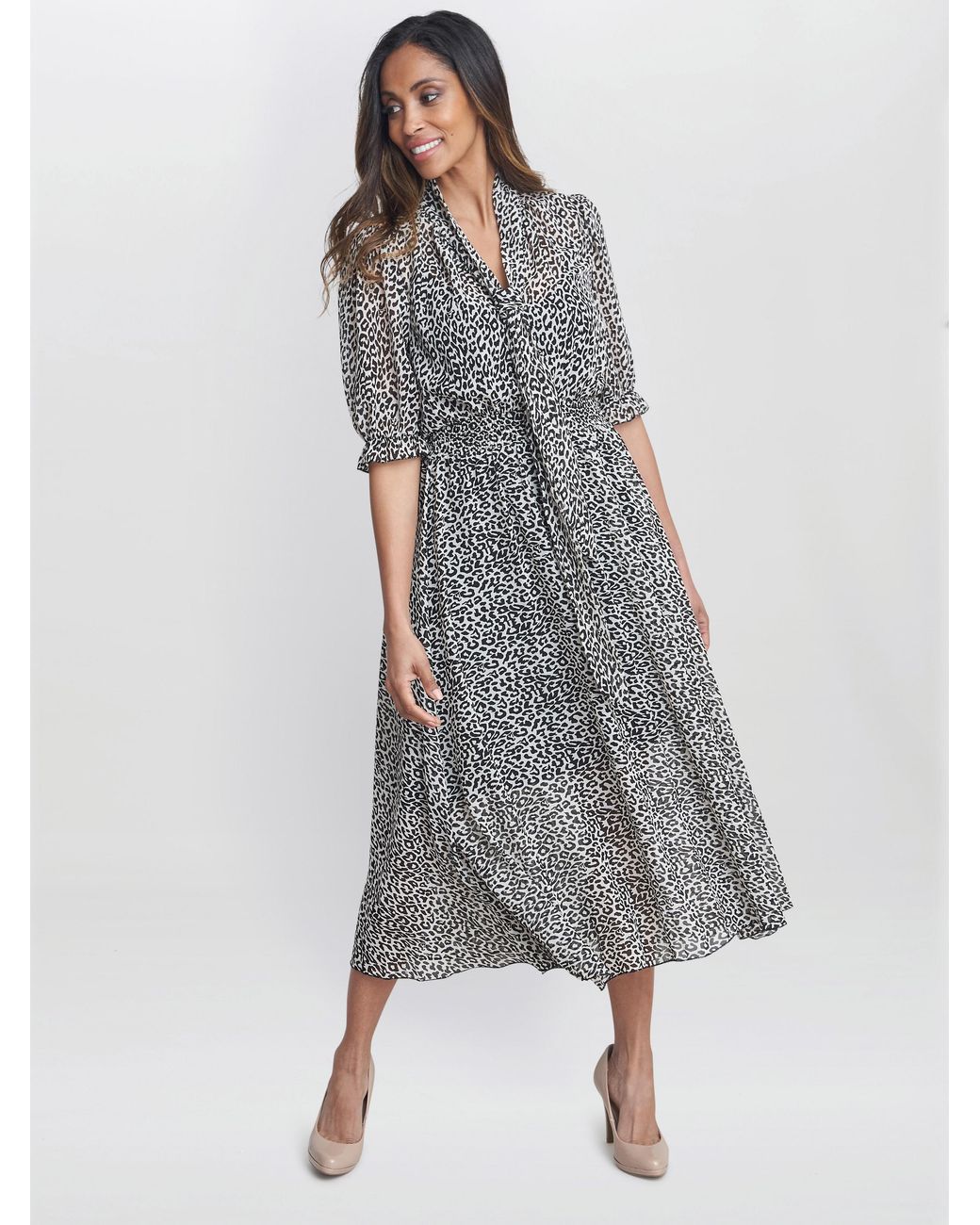 Gina Bacconi Gray Mimi Godet Pussy Bow Dress
