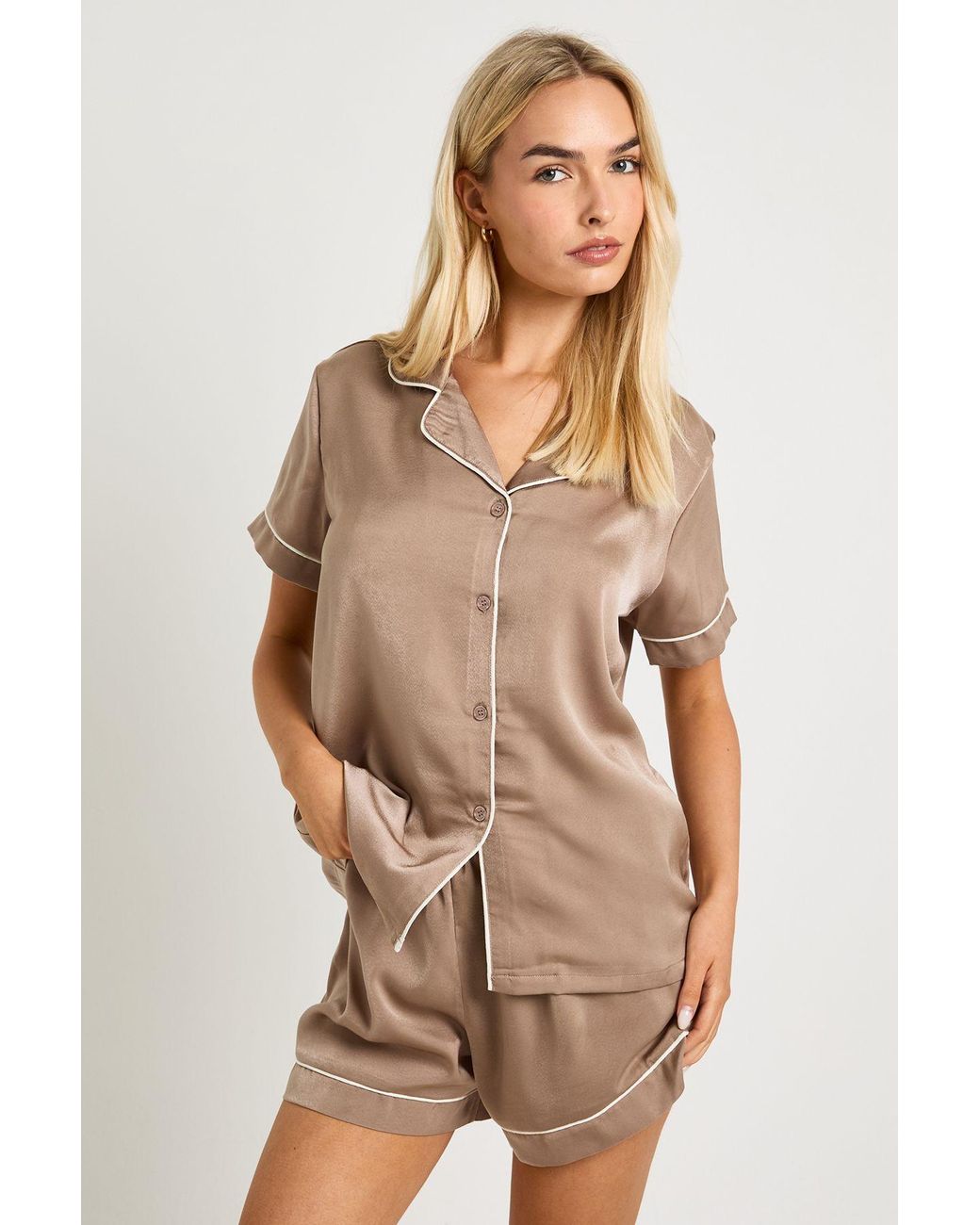 Boohoo Natural Satin Piping Detail Short Sleeve Shirt & Shorts Pyjama Set