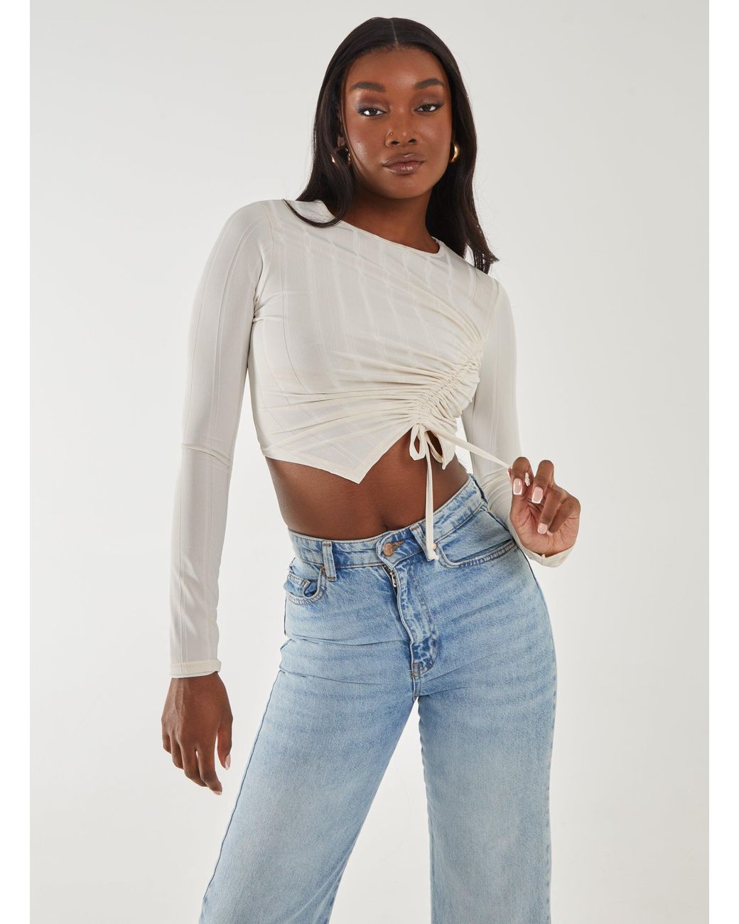 Pink Vanilla Blue Long Sleeve Ruched Asymmetric Top