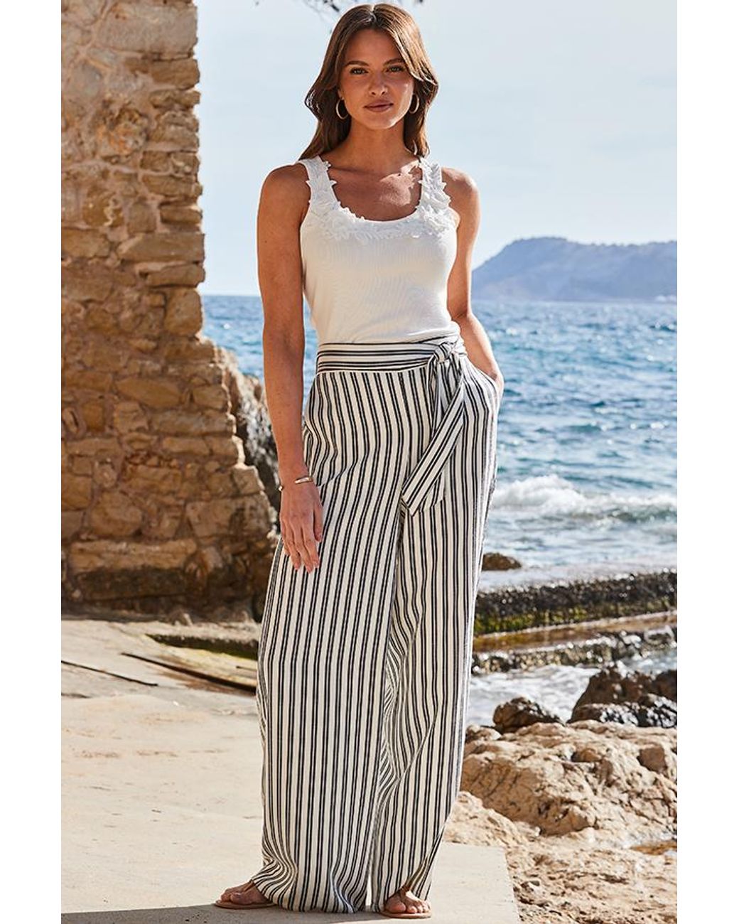 Sosandar White Stripe Wide Leg Trousers
