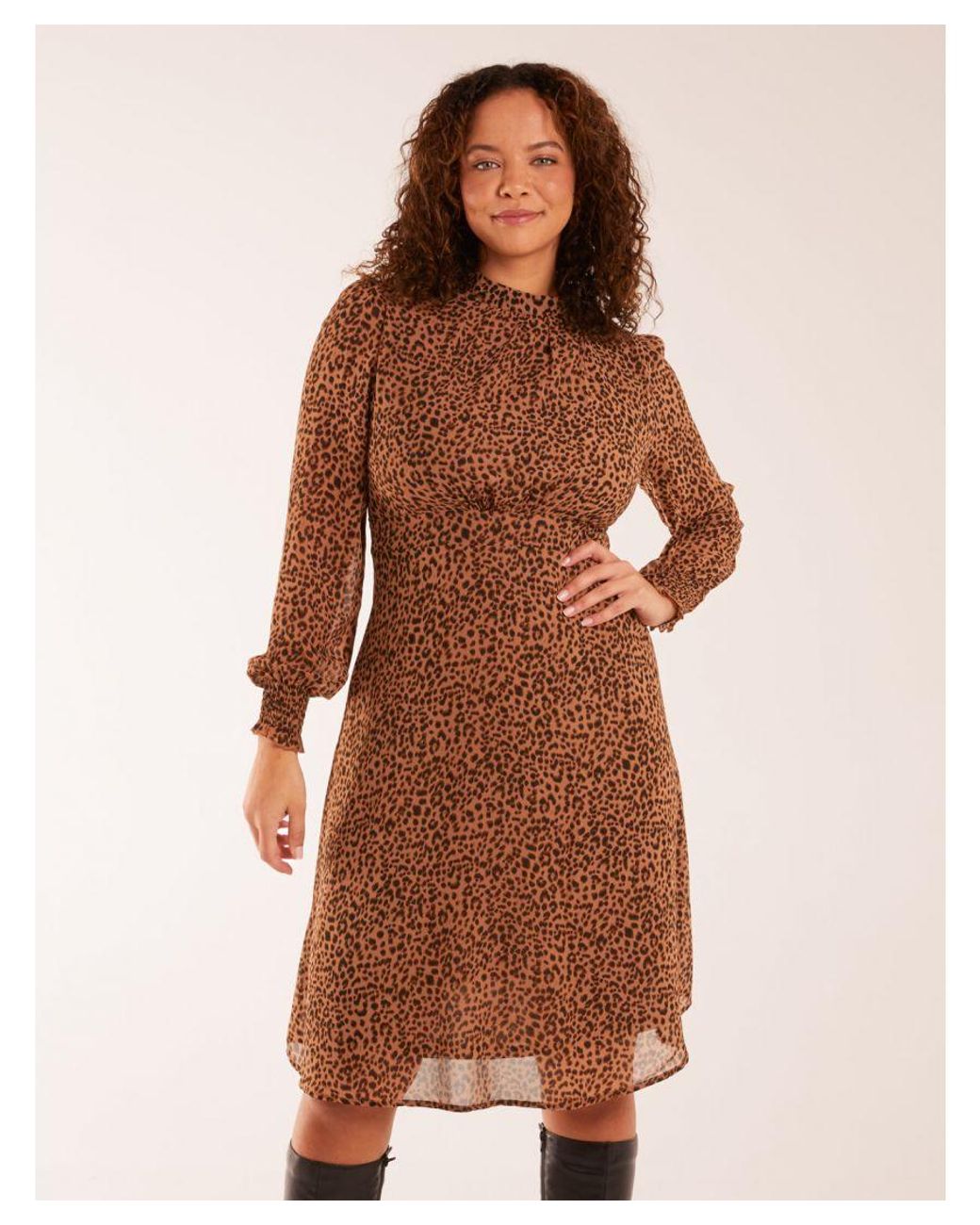 Blue Vanilla Brown Long Sleeve Shirring Cuff Swing Dress