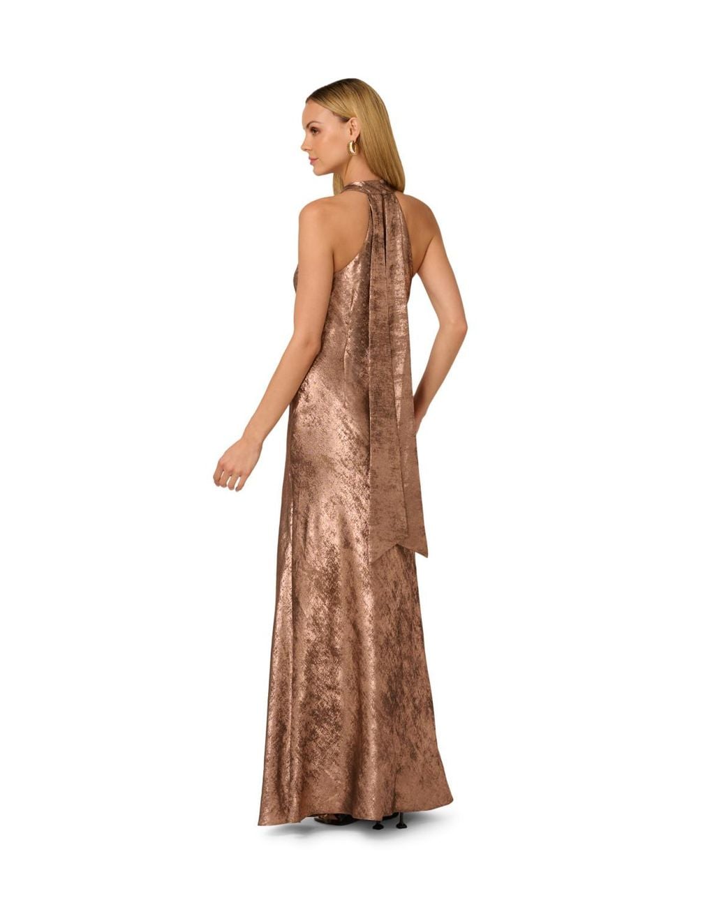 Adrianna Papell White Foiled Woven Halter Gown