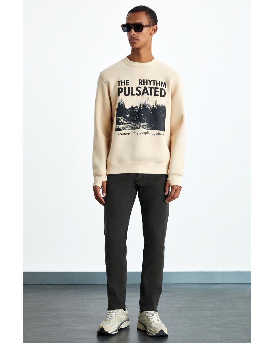 Grimelange Natural Printed Crew Neck Sweatshirt for men
