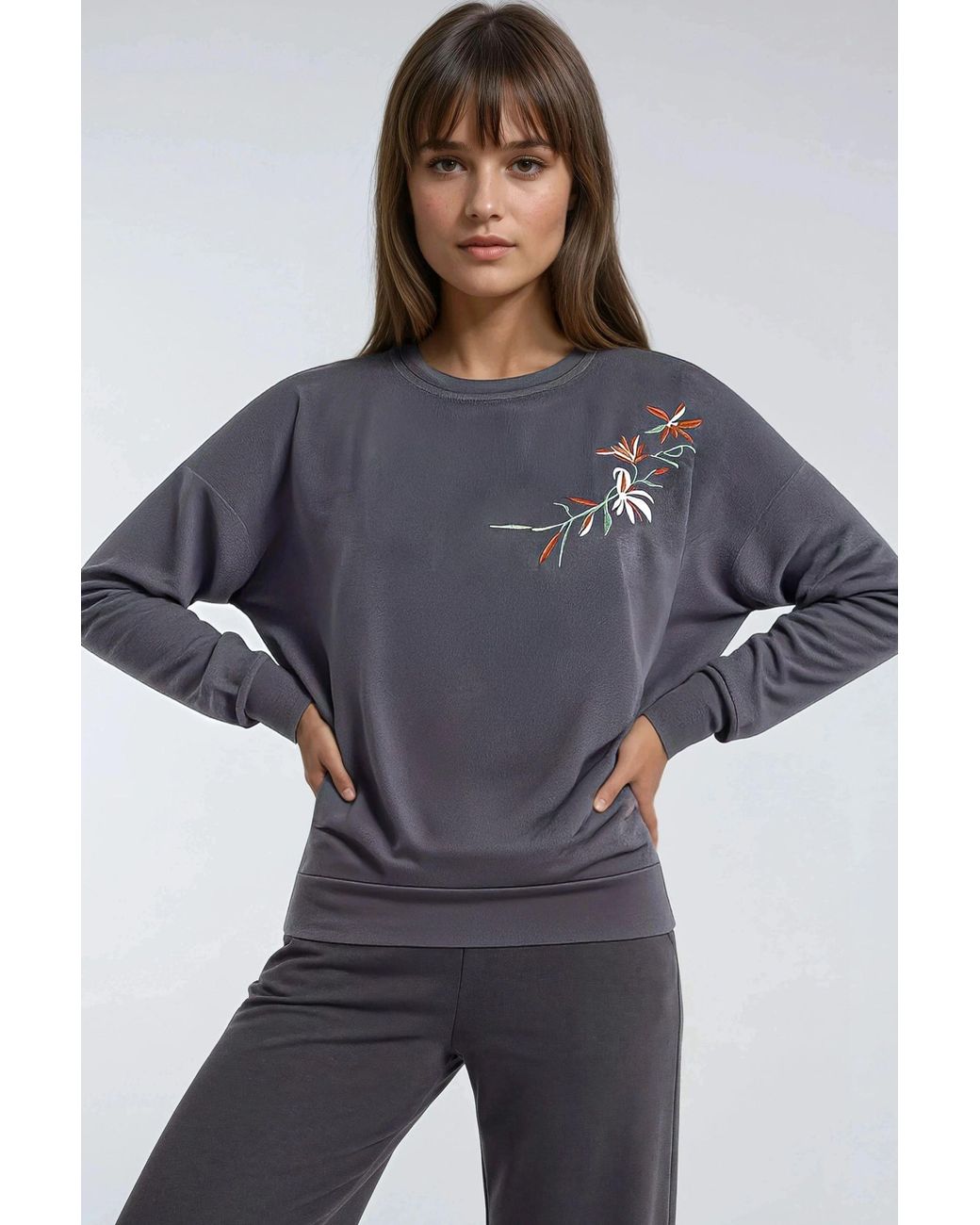 Hiccup Blue Embroidered Crew Neck Sweatshirt & Straight Leg Pants Two-Piece Set
