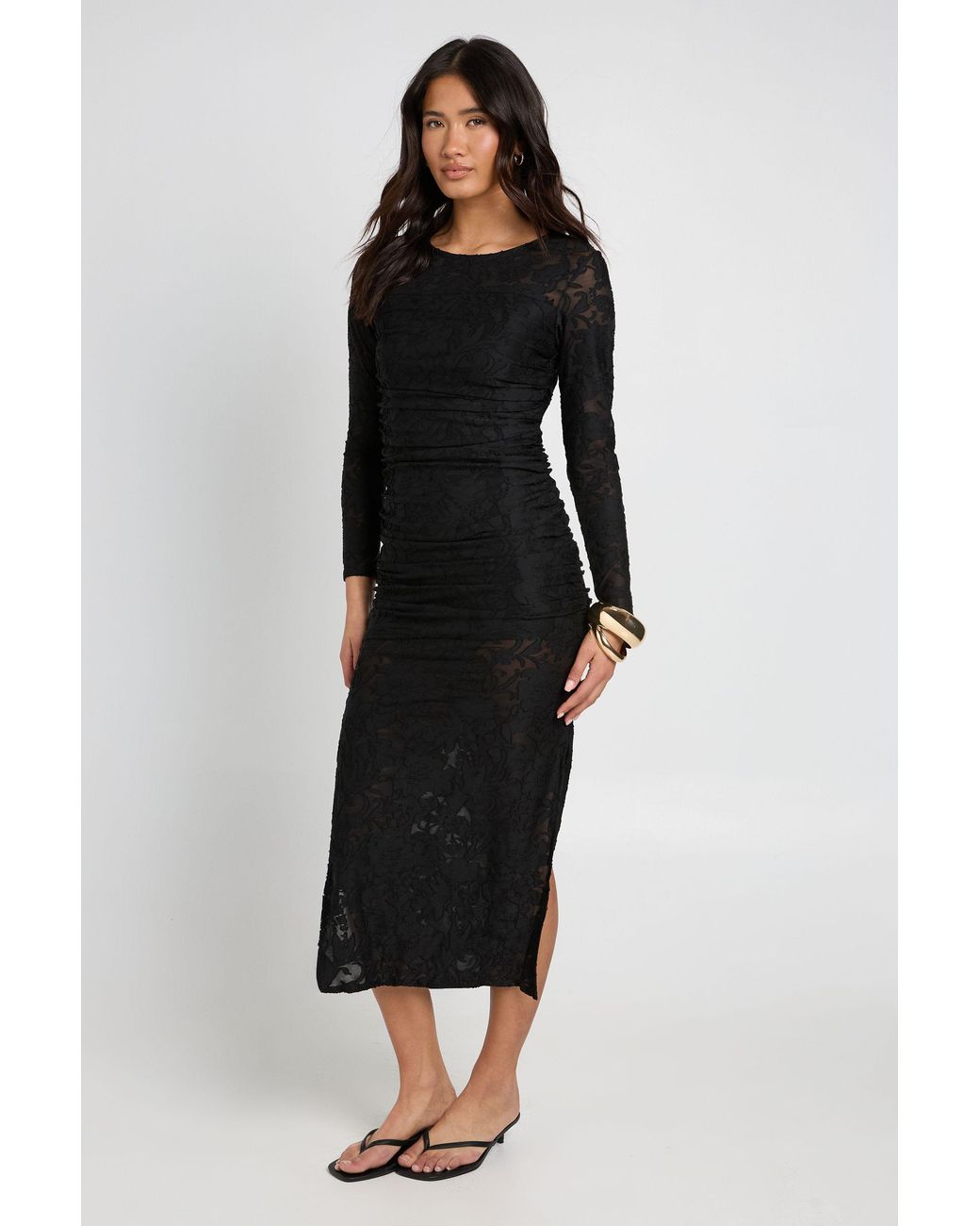 Boohoo Black Burnout Floral Long Sleeve Ruched Body Midaxi Dress