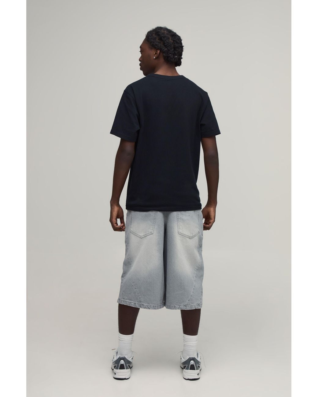BoohooMAN Gray Longline Varsity Print Contrast Denim Jorts for men