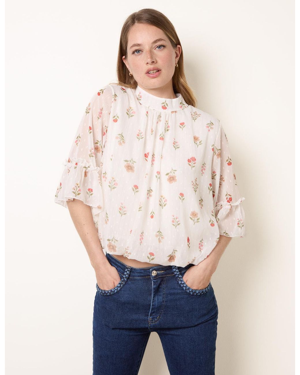 Blue Vanilla Blue High Neck Frill Sleeve Dobby Floral Print Puffball Blouse