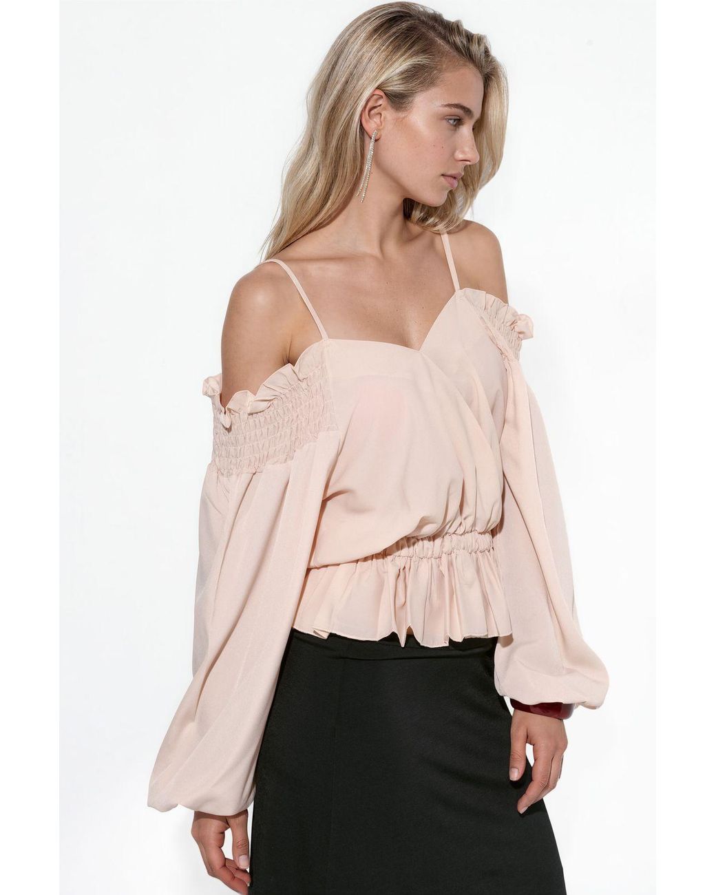 Msn-Collection Pink Crop Satin Blouse With Flounce Trim