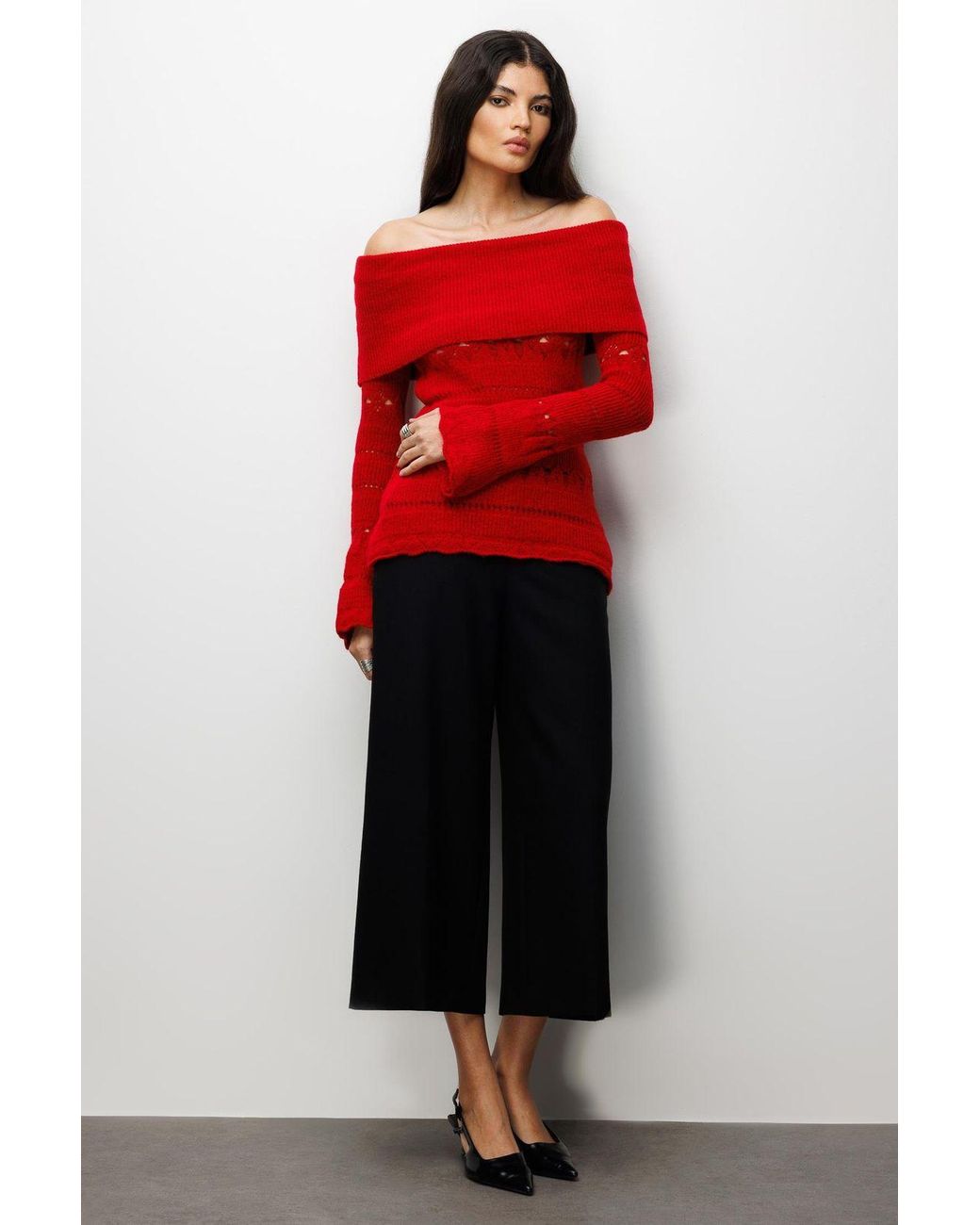 MixRay Off Shoulder Textured Ribbed Sweater With Cut Out Details