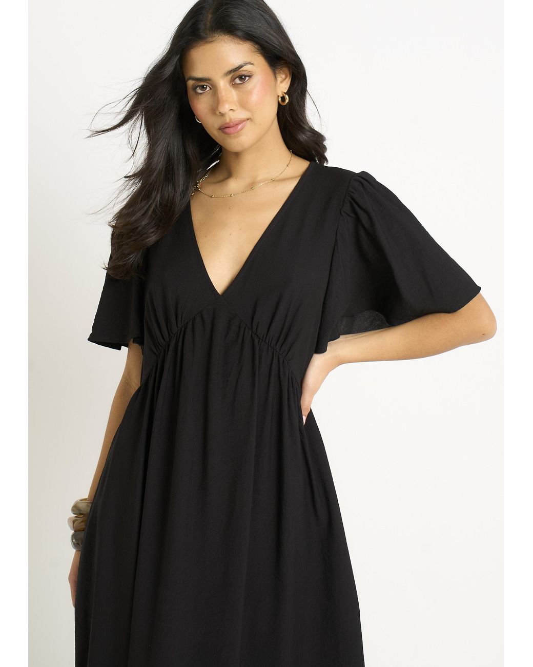 Gini London Black V Neck Angle Sleeves Skater Maxi Dress
