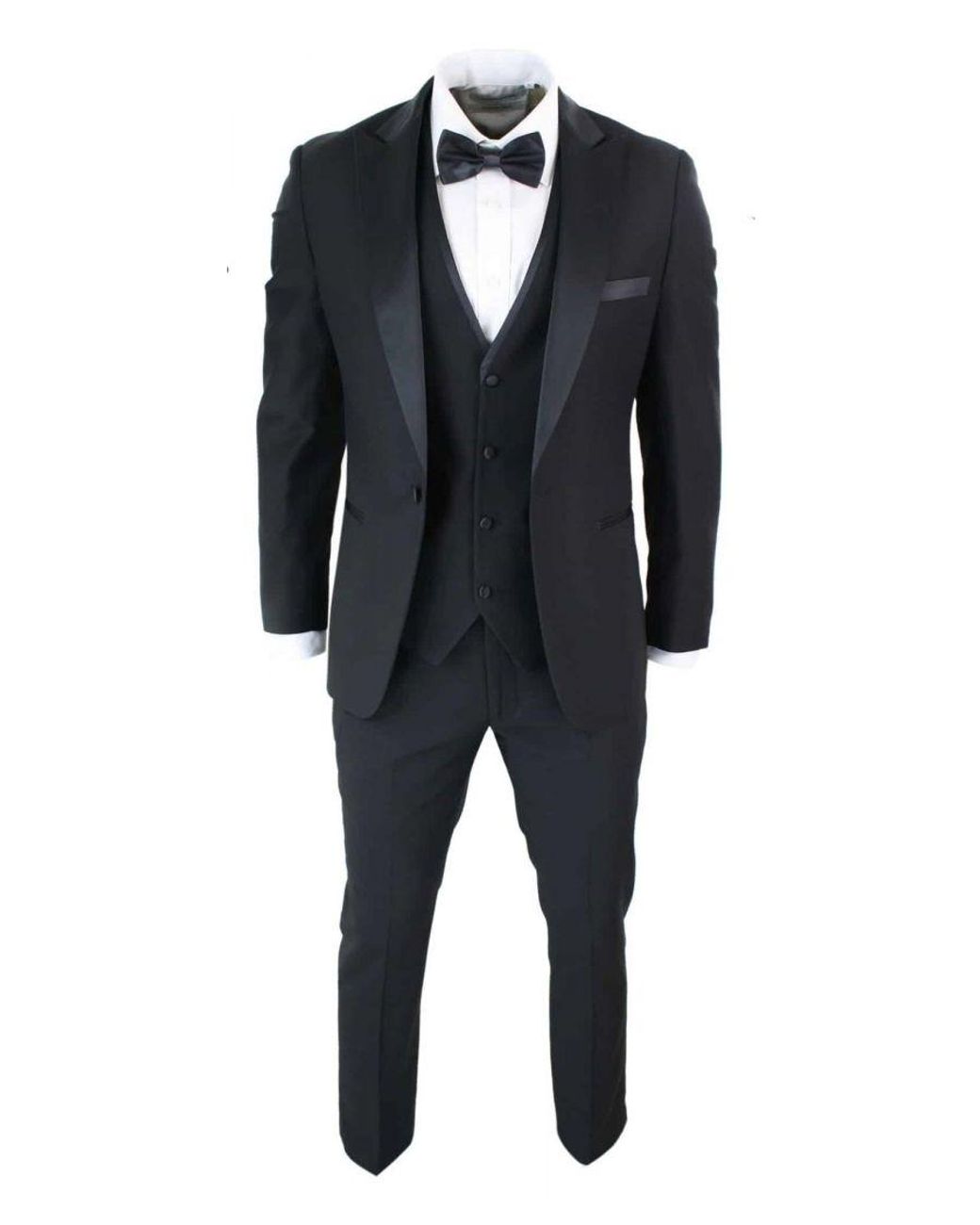 Paul Andrew Black 3 Piece Tuxedo Suit Classic Satin Dinner Tailored Fit Wedding Prom for men