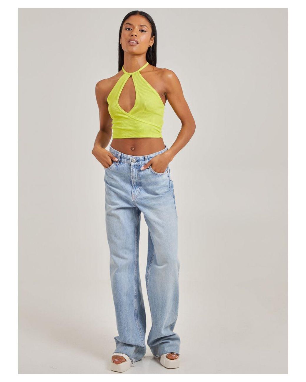 Pink Vanilla Green Ribbed Halterneck Crop Top