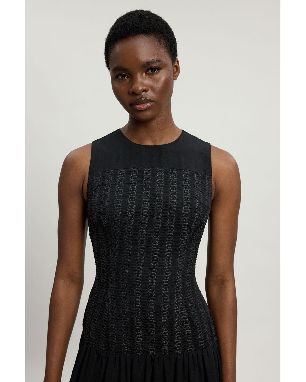 Karen Millen Black Petite Textured Drop Waist Long Sleeve Woven Midi Dress
