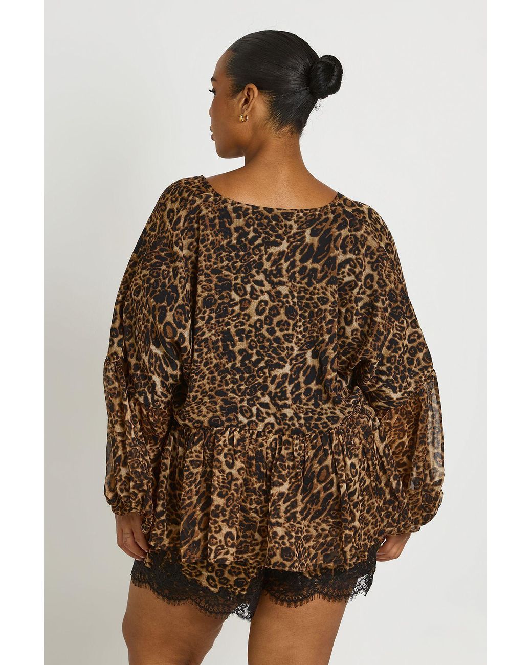 Boohoo Brown Plus Leopard Chiffon Ruffle Plunge Blouse