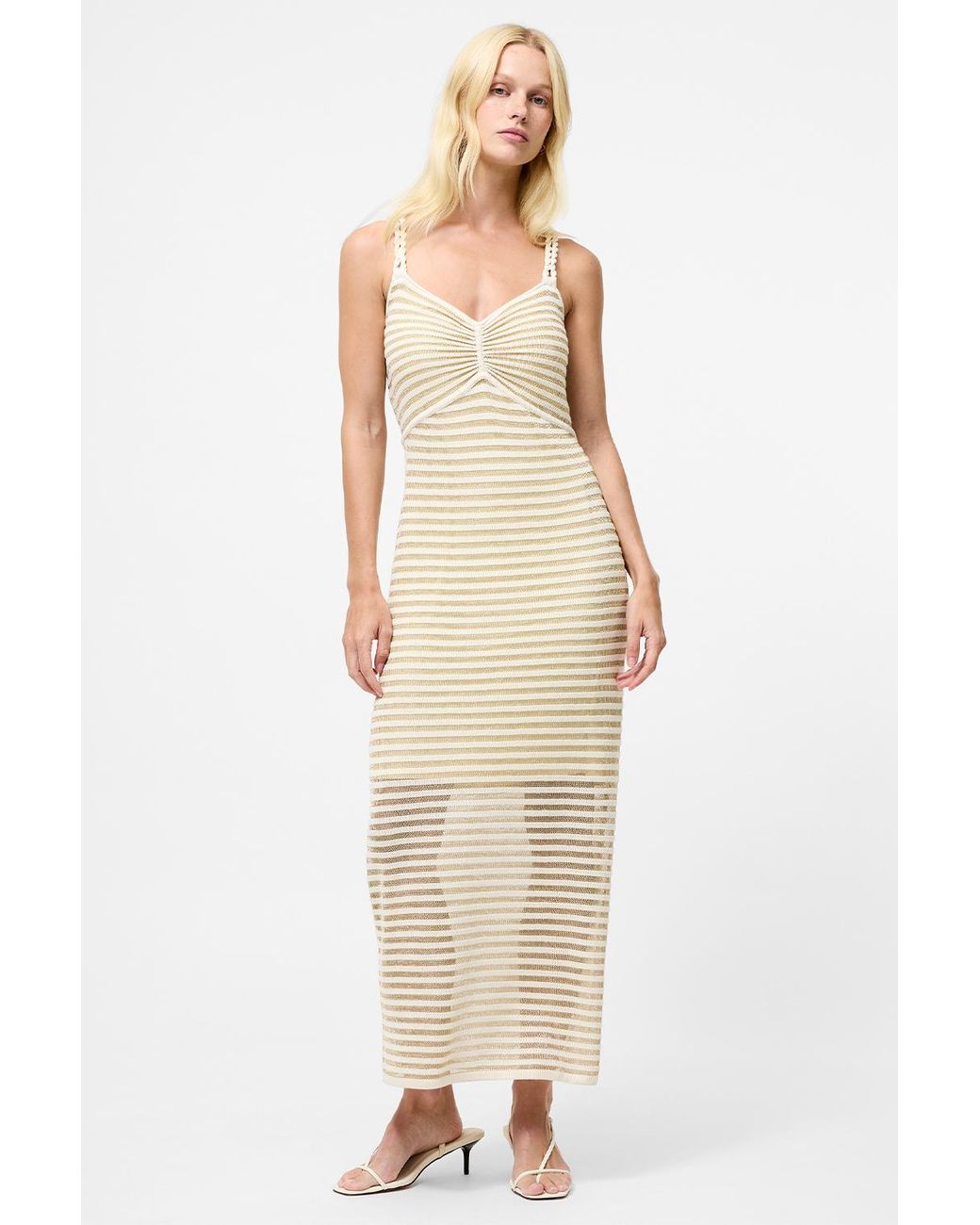 French Connection Natural Cotton Stripe Ruched Chest Braided Straps Midi Dress