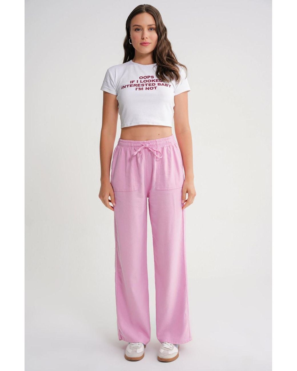 MixRay Pink Mid Waist Straight Leg Cotton Pants With Tie Closure