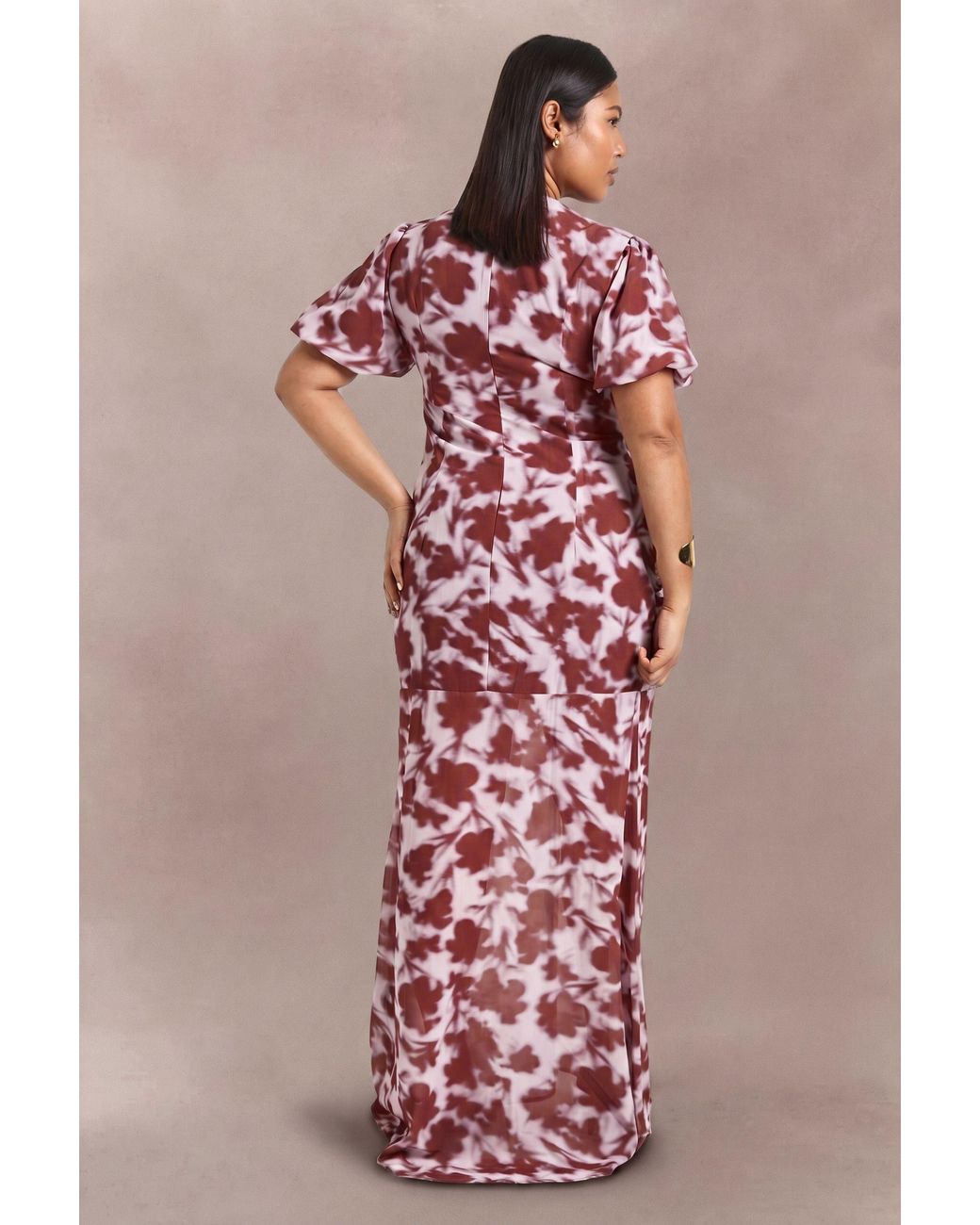 Boohoo Pink Plus Floral Printed Puff Sleeve Keyhole Detail Ruched Waist Maxi Dress