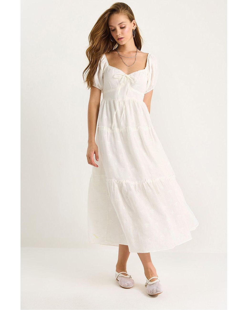 Bianco Lucci Natural Embroidered Heart Collar Maxi Dress