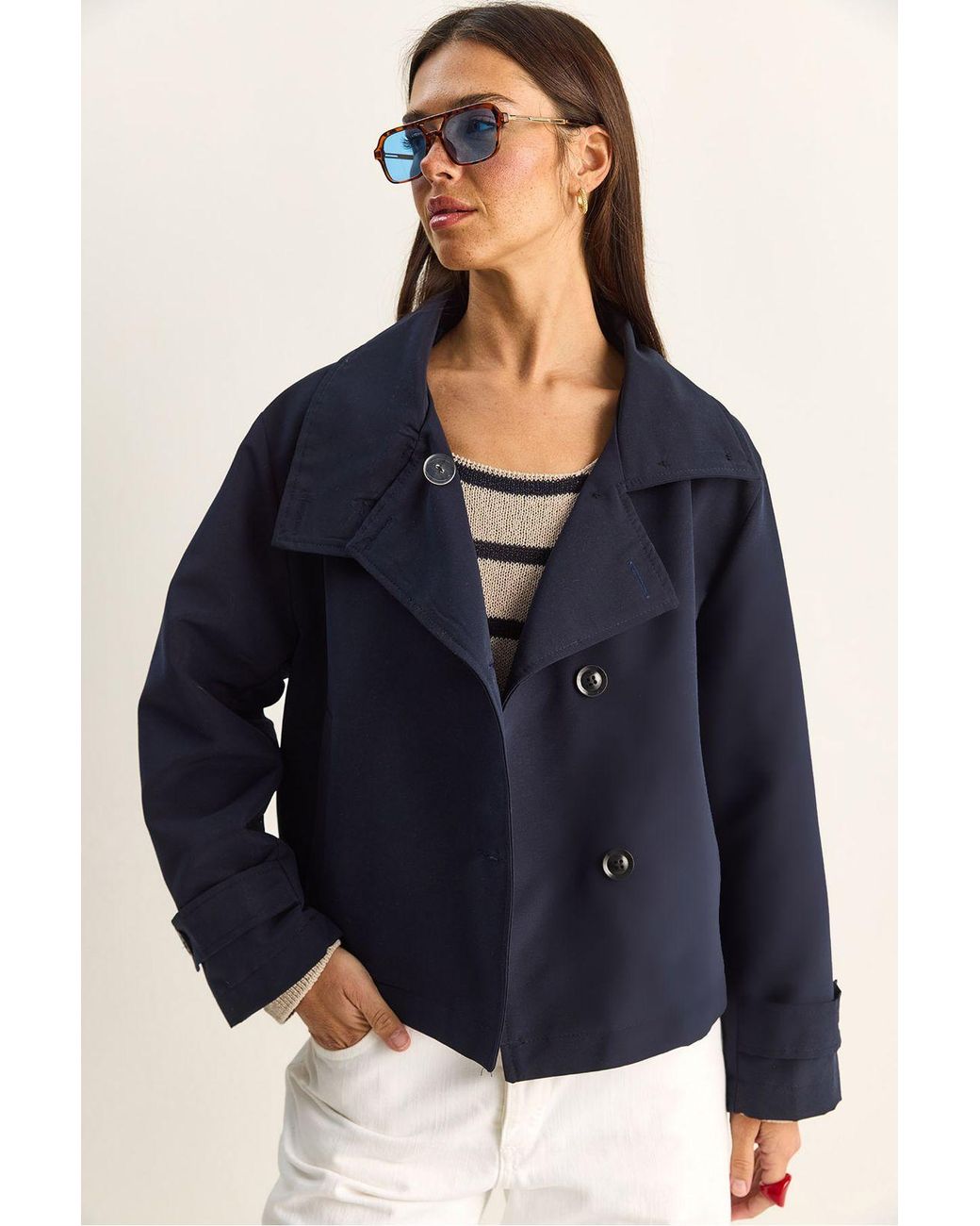 Bianco Lucci Blue Short Mandarin Collar Trench Coat