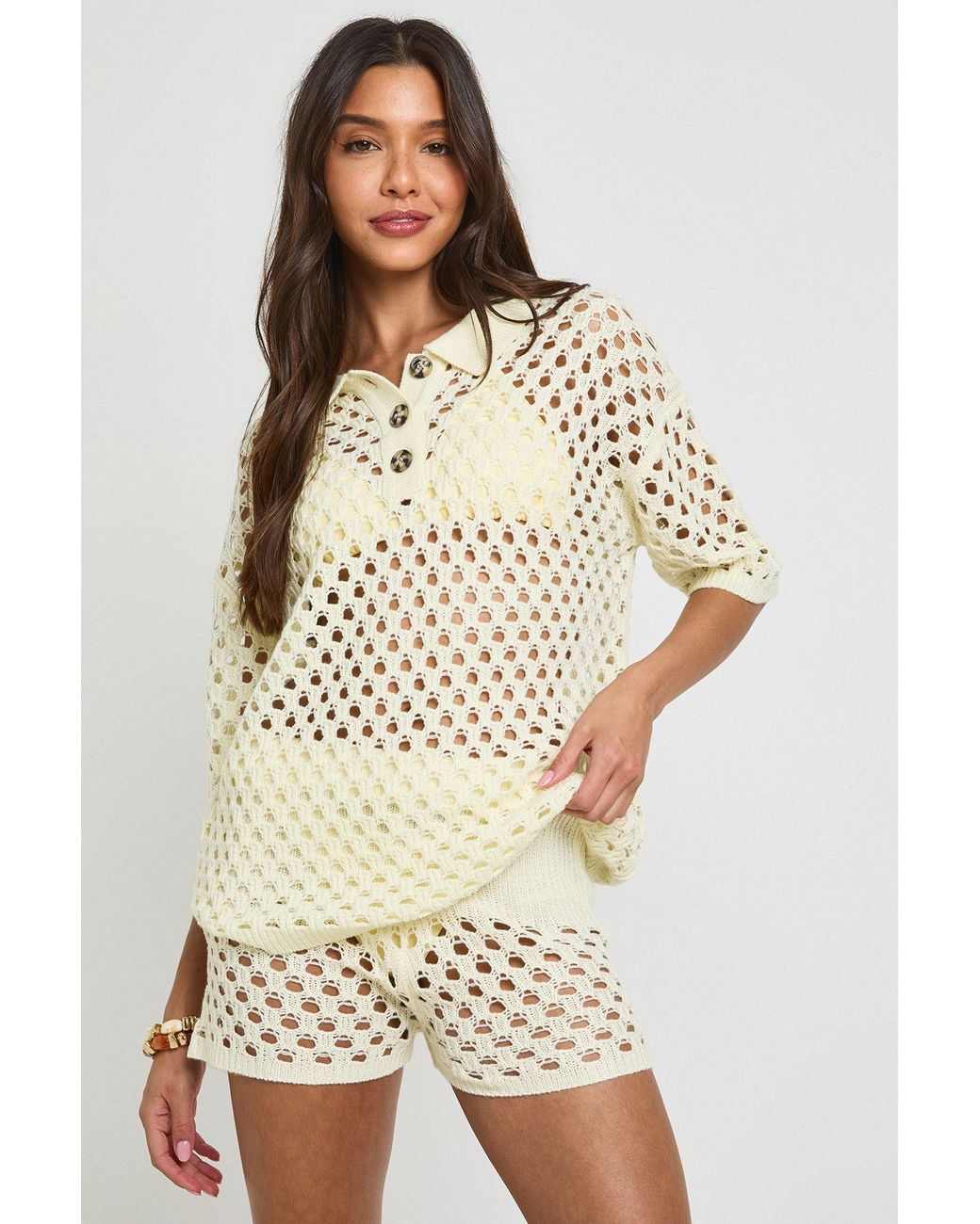 Boohoo Natural Crochet Oversized Knitted Shirt And Short Set