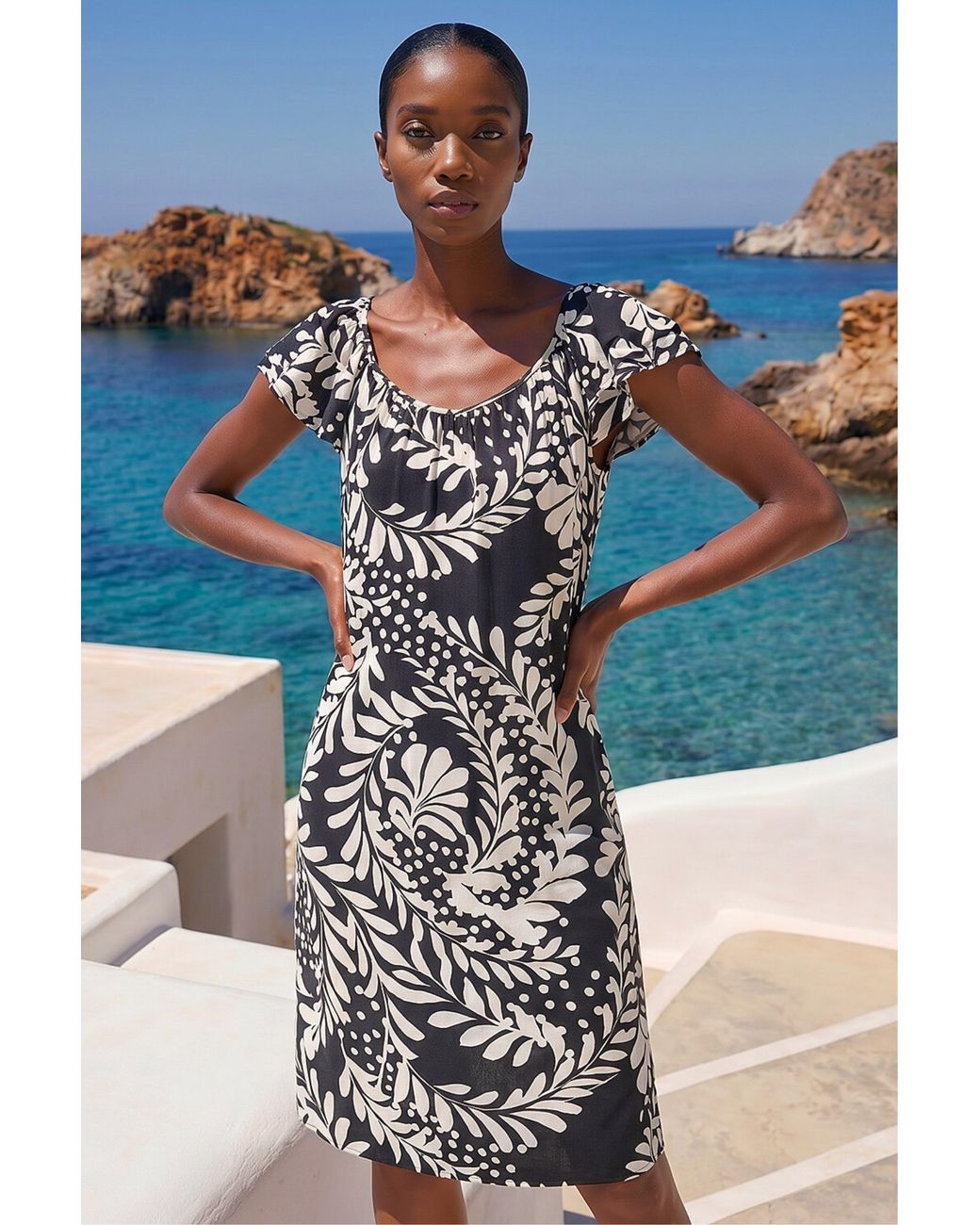 Roman Blue Petite Printed Frill Shift Dress