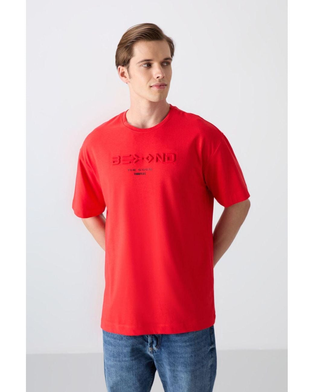 TOMMY LIFE Red Oversized Cotton- Logo T-Shirt for men
