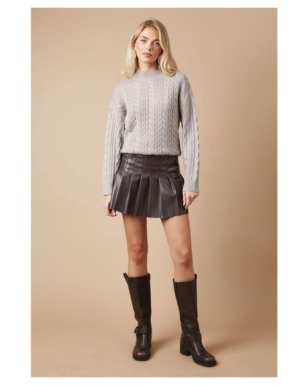 Oasis Gray Wavy Cable Detail Scalloped Neck Jumper