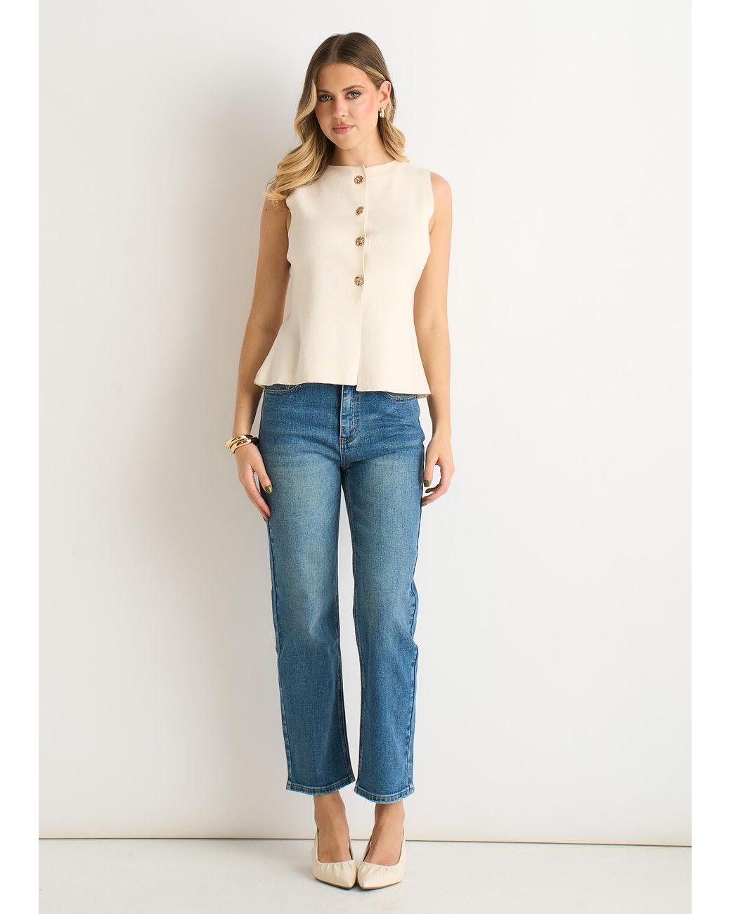 Gini London Blue Off Button Front Compact Knit Waistcoat