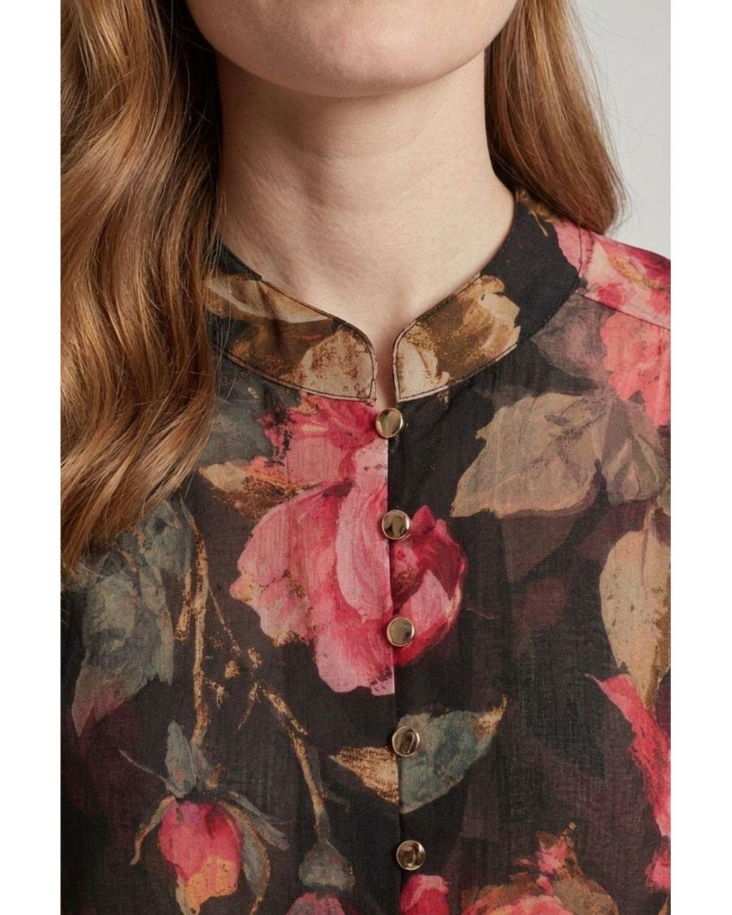Izabel London Red Floral Long Sleeve Button Front Blouse