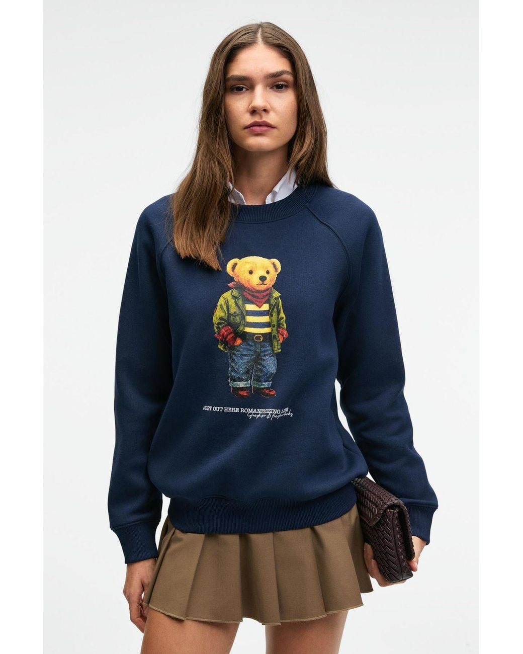 Grimelange Blue Oversized Printed Crew Neck Sweatshirt