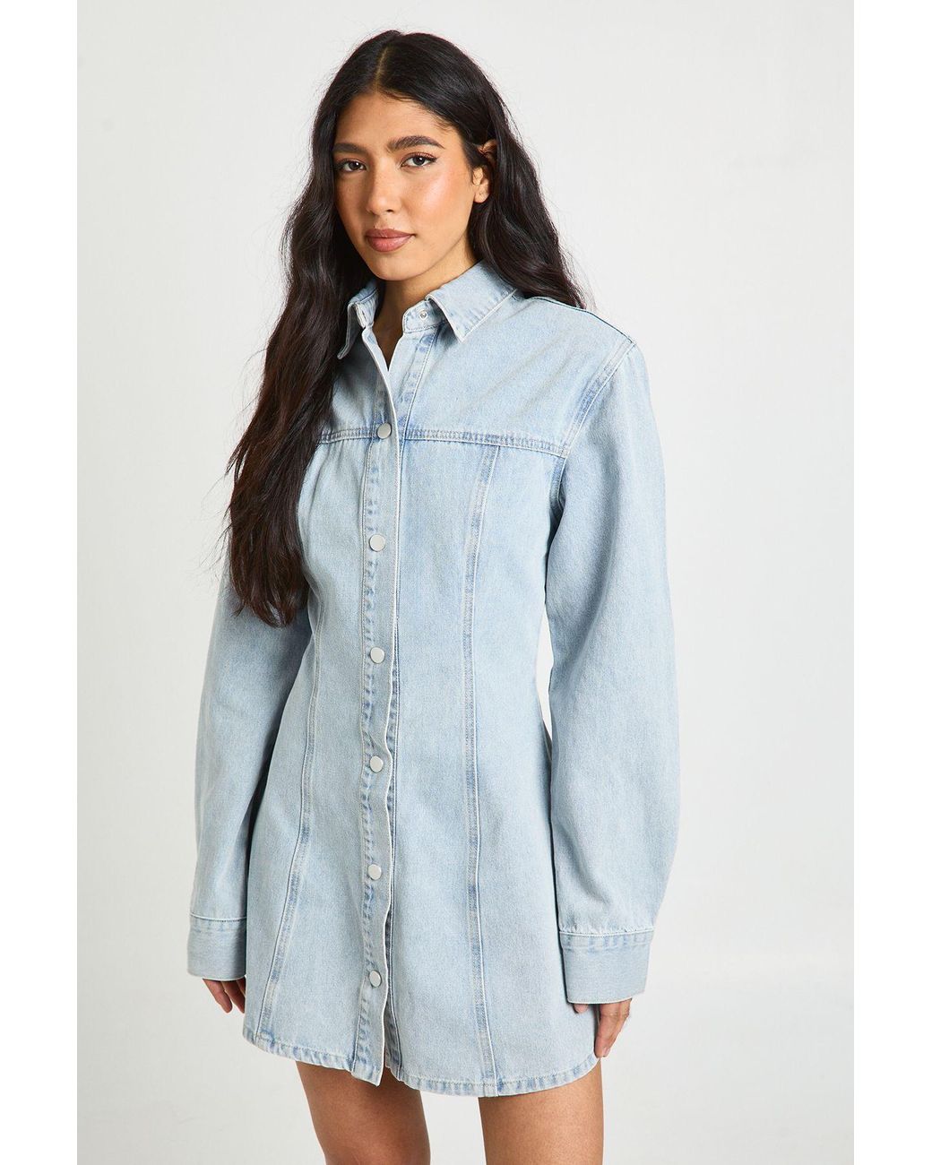 Boohoo Blue Tall Long Sleeve Cinched Waist Denim Dress