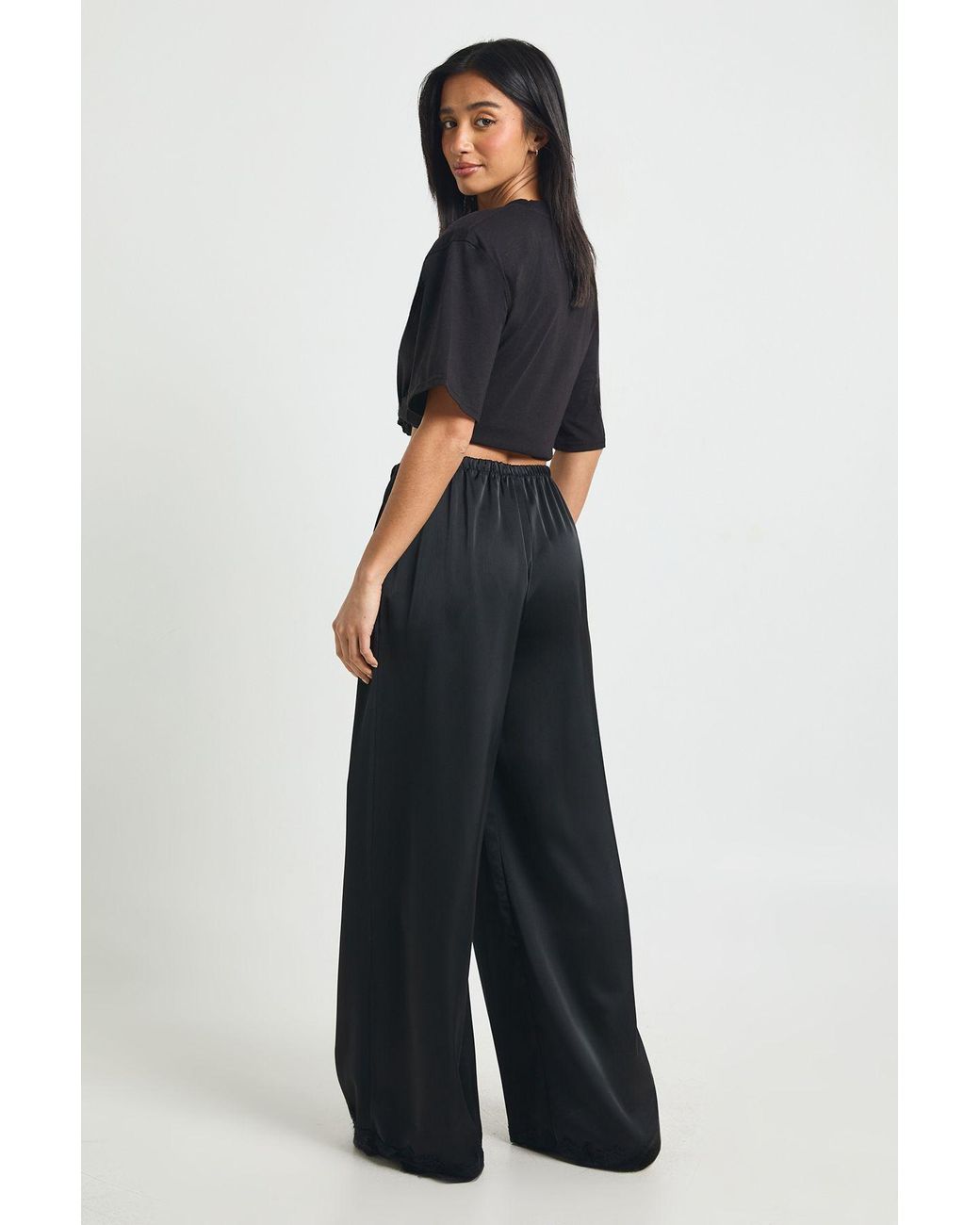 Boohoo Blue Petite Satin Lace Trim Wide Leg Trousers