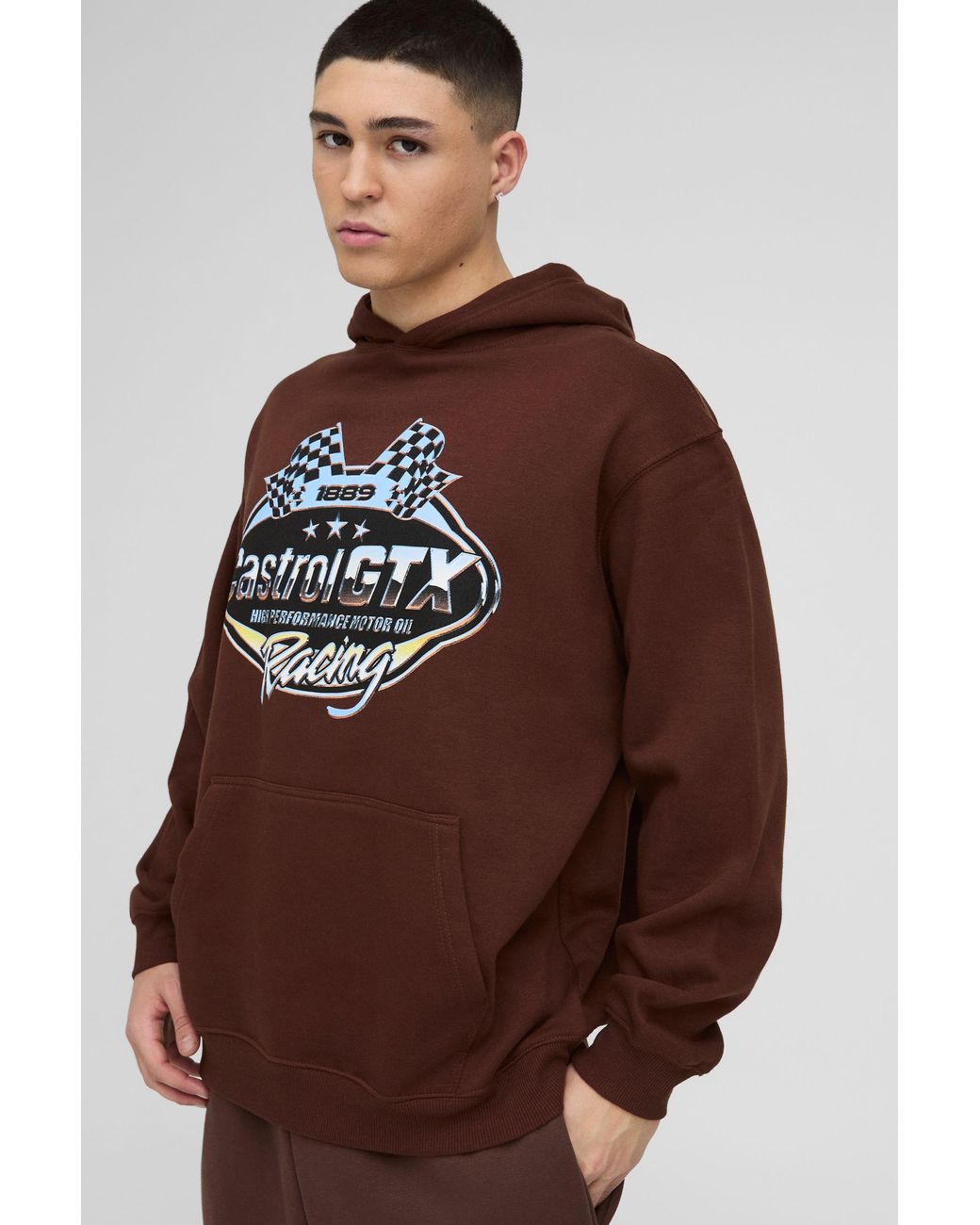 BoohooMAN Brown Oversized Castrol Racing License Print Hoodie for men