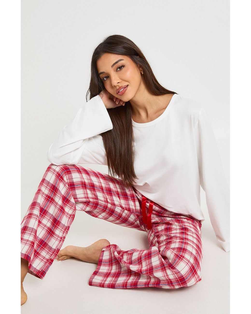 Boohoo White Brushed Check Long Sleeve Top & Trousers Pyjama Set
