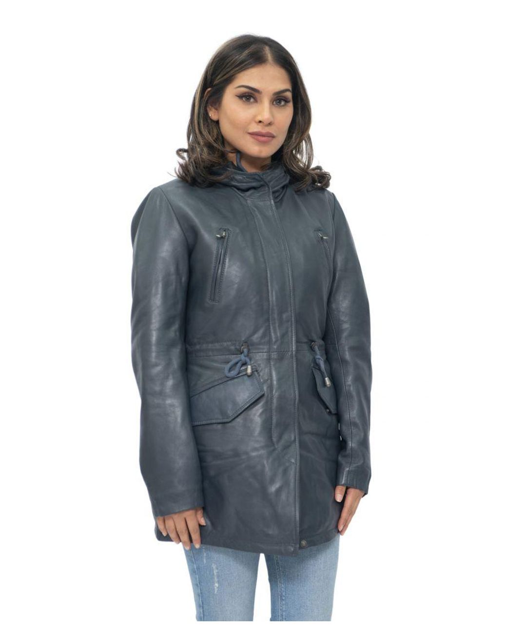 Infinity Leather Blue Hooded Parka Jacket-Bucharest