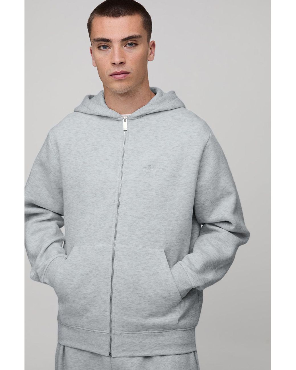 BoohooMAN Gray Basic Bm Signature Regular Fit Zip Through Hoodie for men