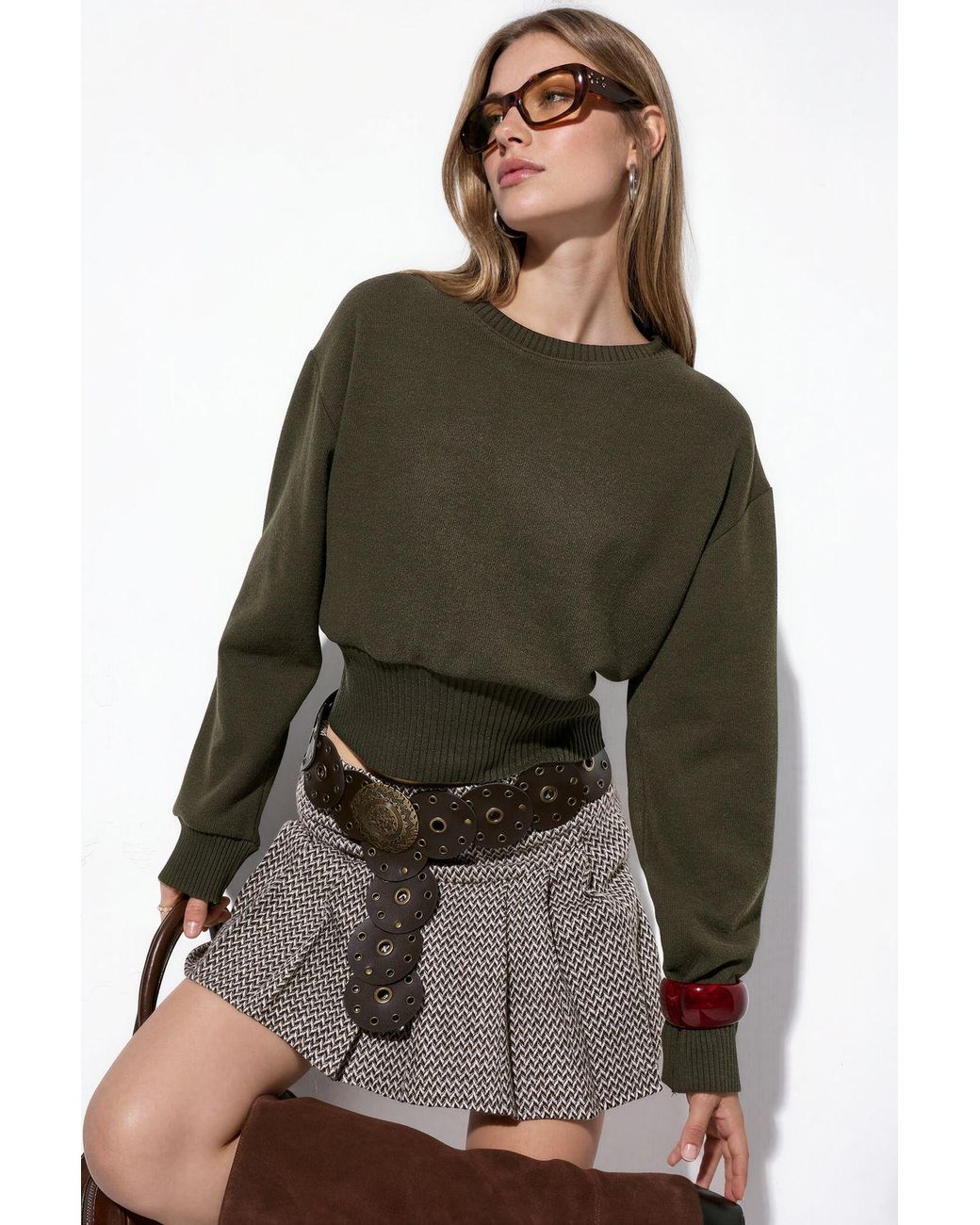Busem Green Ribbed Crop Crew Neck Sweater