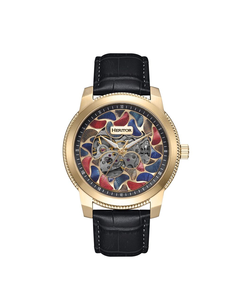 Heritor Metallic Emmanuel Semi-Skeleton Leather-Band Watch for men