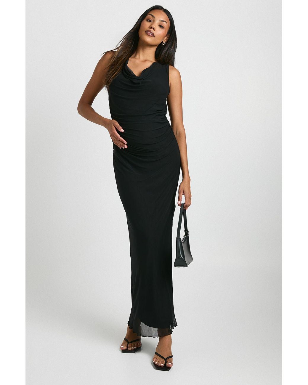 Boohoo Black Maternity Mesh Cowl Ruched Maxi Dress