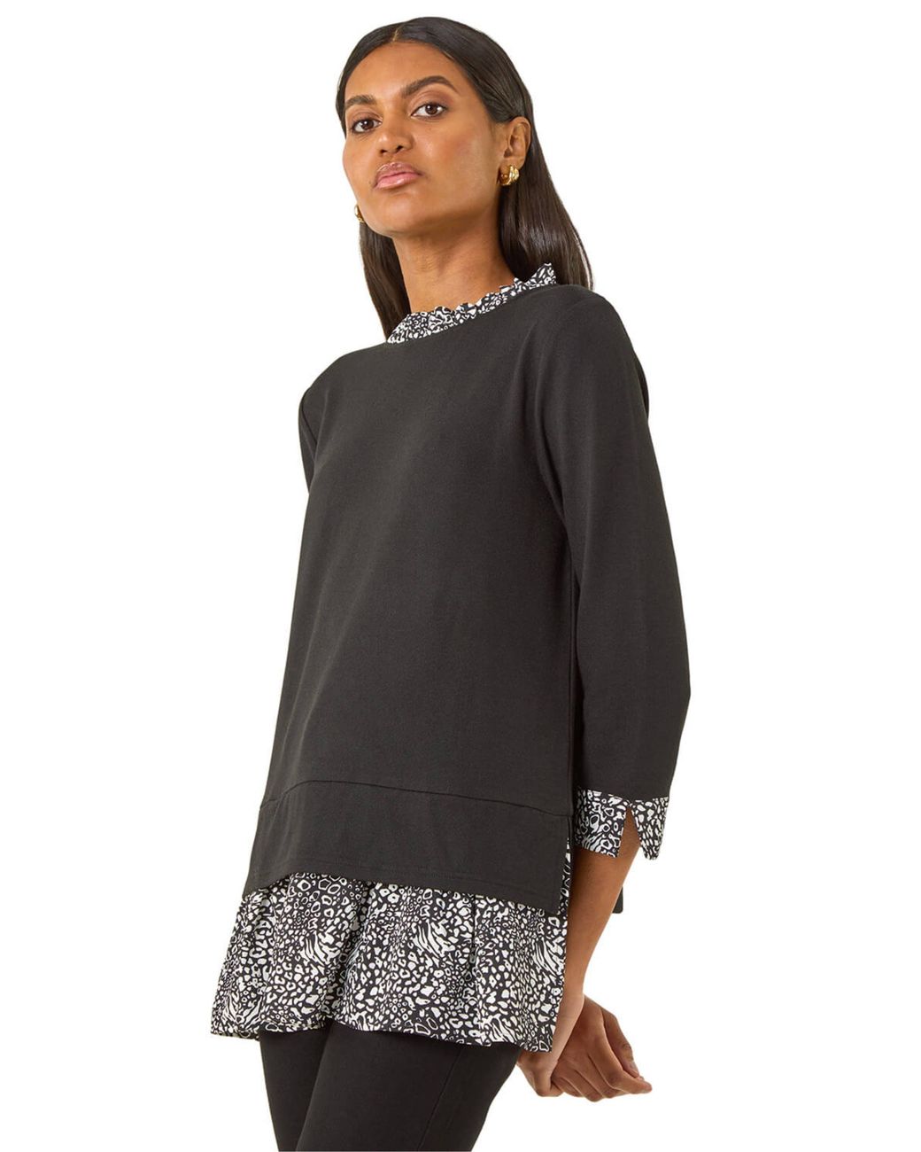Roman Black Abstract Print Trim Tunic