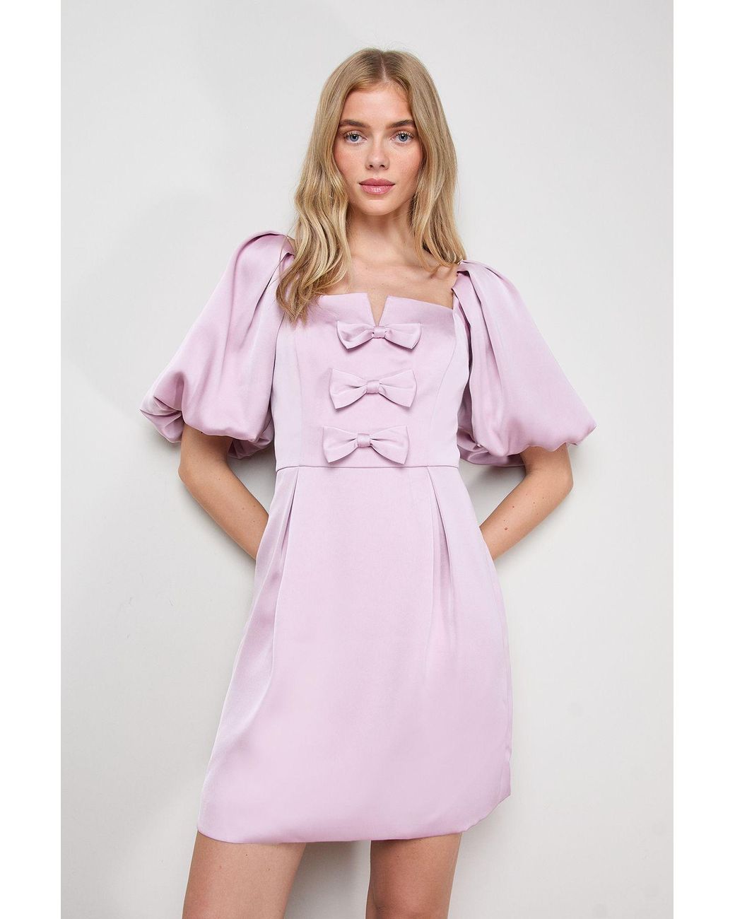 Oasis Pink Satin Bow Front Square Neck Mini Dress