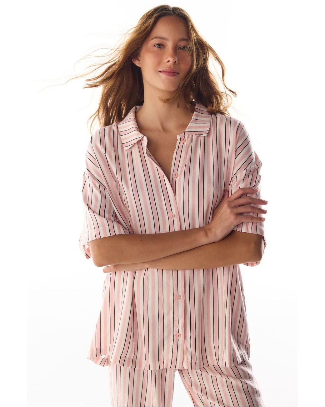 Penti Pink Sleep Mode Striped Short Sleeve Shirt And Trousers Pajama Set
