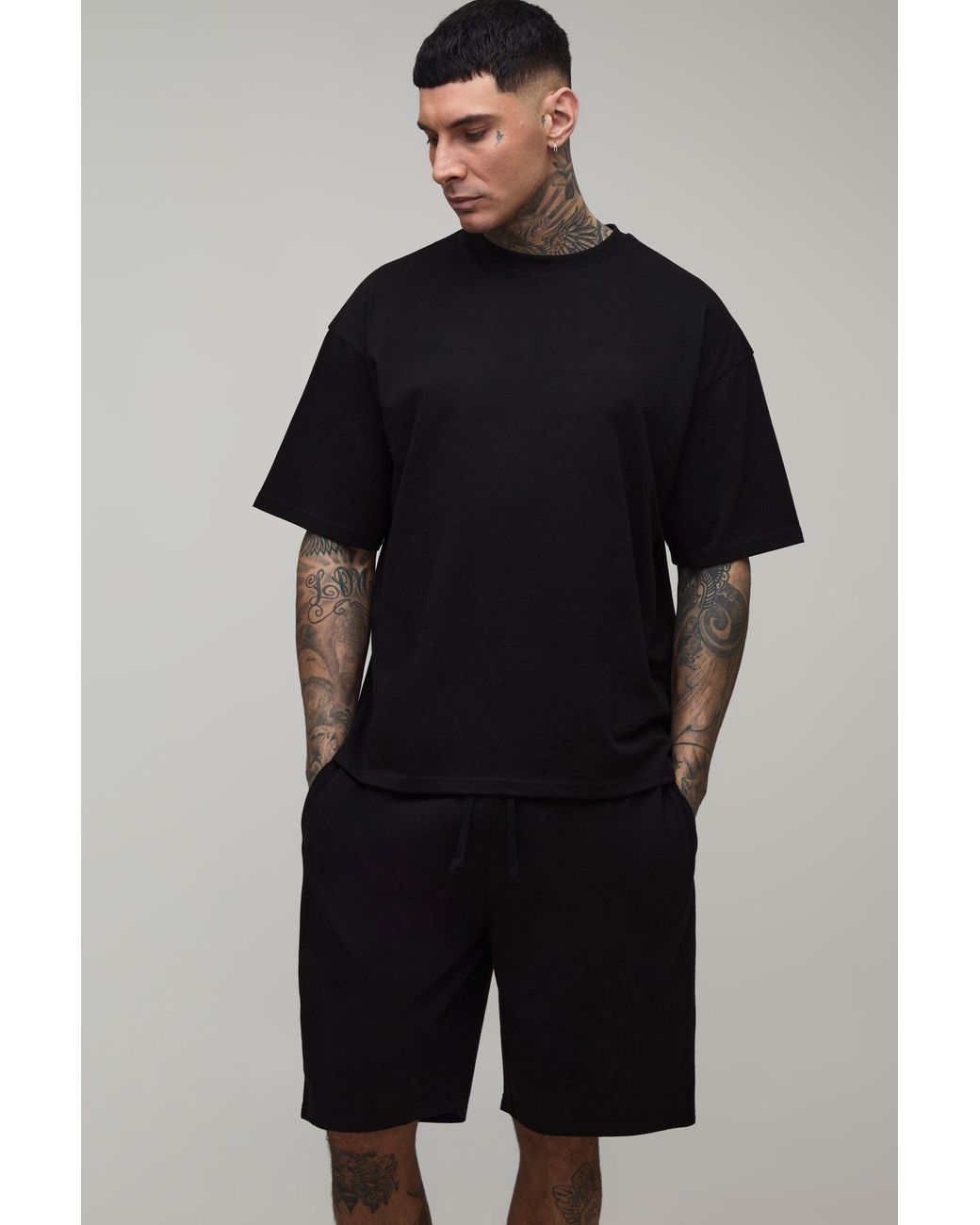 BoohooMAN Black Tall Regular Fit T-Shirt & Short Lounge Set for men