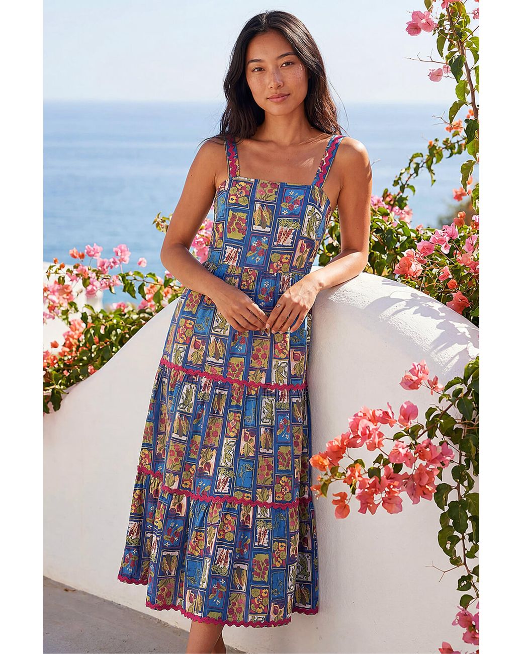 Roman Blue Petite Print Ric Rac Tiered Midi Dress