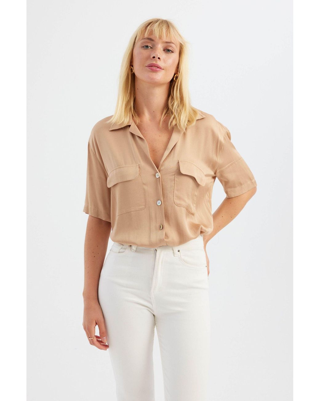 Hiccup White Solid Pocket Short Sleeve Relaxed Shirt