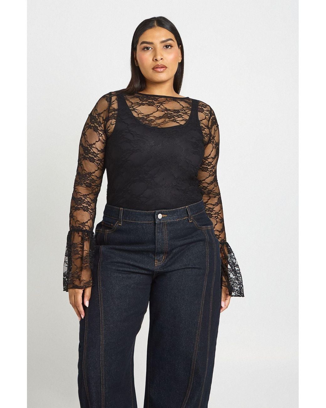 Boohoo Blue Plus Sheer Lace Fluted Cuff Top