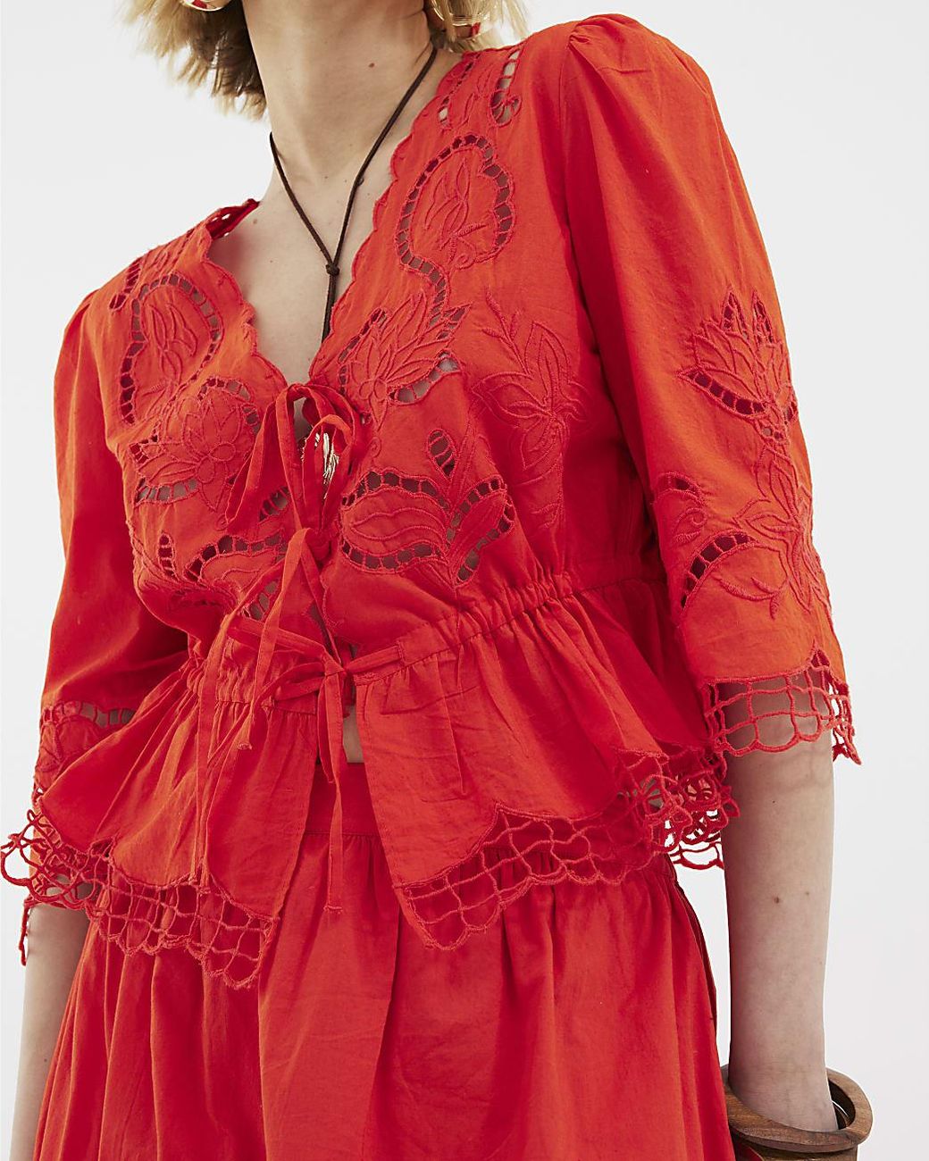 River Island Red Blouse Long Sleeve Cutwork V-Neck Cotton