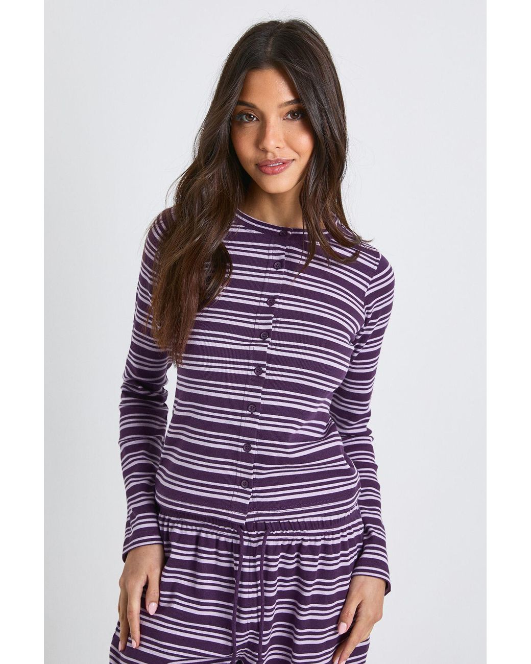 Boohoo Purple Stripe Rib Button Through Long Sleeve Top